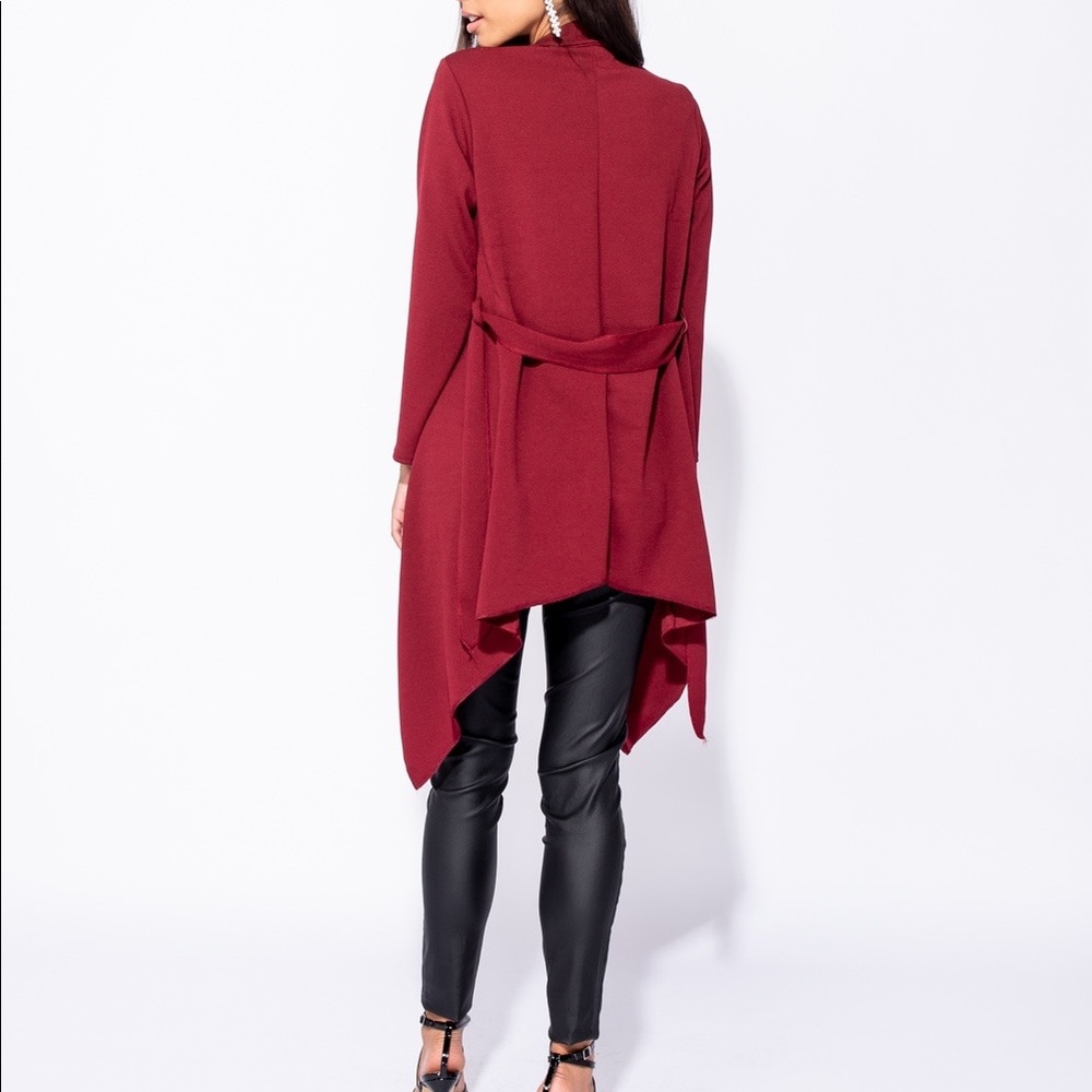 Wine Waterfall Collar Tie Waist Jacket - Picture 6 of 8